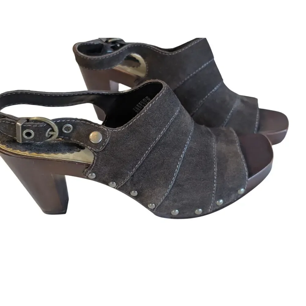 A.N.A. Brown Suede Open Toe Sling Back Chunky Heel Gunmetal Stud Sandal Sz 8.5